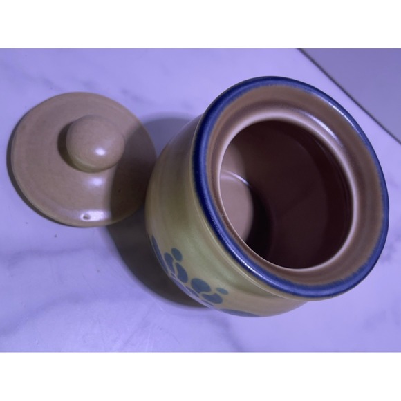 EUC Pfaltzgraff Blue Tan FOLK ART‎ Stoneware Sugar Bowl Crock W/ Lid Vintage USA - Picture 4 of 6